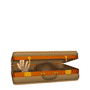 Animated sequence of a cartoon man emerging from a brown suitcase with orange accents, showing sequential movements from inside the suitcase to fully standing outside.