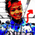 A pixelated image of a person with red devil horns, blue and white clothing, and changing text overlays including "I actually", "HATE everyone", and ".<3".