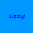 Blue background with repeated 'Lizzy!' text in dark blue, scattered green dots, and a gray rectangle in the bottom-right corner.