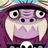 Pixelated cartoon character with purple hair, large eyes, and a wide toothy grin, wearing a purple outfit with a white emblem.