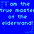 Blue background with light blue pixelated text repeating 'I am the true master of the elderwand!' in three horizontal , each containing three identical text blocks separated by small star symbols