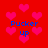 Red background with pink heart shapes and blue text reading "Pucker up" in four locations.
