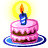 A contact sheet of six animated frames showing a pixelated birthday cake with pink frosting, brown layers, and a blue candle on top, each frame featuring a yellow halo effect behind the candle.