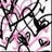 A pixelated image with a pink and white floral pattern above two red horizontal bars, and a person's head below.