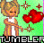 Pixelated cartoon character with blonde hair in a ponytail, wearing a white top and brown jacket, standing against green background with red hearts and starbursts, text "TUMBLER" at bottom.