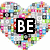 Heart-shaped icon composed of colorful pixelated fragments with bold black-and-white text reading BE THE MUSIC.