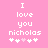 Pixelated text on pink background reads "I love you nicholas" with four heart symbols below, two white and two pink.