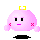 A 4-frame pixel art animation of a pink spherical character with yellow crown-like accessory, showing different facial expressions and arm positions across frames.