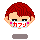Pixel art head with red hair, black eyes, pink cheeks, and a mask displaying red Japanese katakana characters on a light blue background.