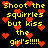Yellow pixelated text reads "Shoot the squirrels but kiss the girl's!!!!!" on black background with red heart symbols scattered throughout.