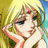 Pixelated anime-style character with blonde hair and green eyes resting chin on hand against blurred background, next to black with white text