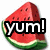 A watermelon slice icon with text overlay showing sequential animation frames of the word 'yum!' changing to 'yumm!'