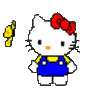Hello Kitty character in blue overalls with yellow shirt, red bow on head, and small yellow butterfly prop; gray background.