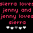 Pixelated text in pink reads 'sierra loves jenny and jenny loves sierra' with two of five white plus signs below, one containing a gray sign