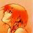Pixelated static image of a character with bright red hair and light skin in profile view against an orange background.