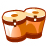 Pixelated static image of two bongo drums with brown rims and orange-brown bodies, featuring white drumheads with small brown circular accents.