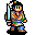 Pixel art character with multicolored face, orange and blue striped vest over greenish-brown tunic, holding a light blue sword-like object.