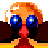 Pixelated character face with orange hair, blue eyes, red mouth, and dark brown shoulder shapes against gray background.