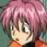 Pixelated anime-style character with pink hair, large green eyes, and a neutral expression, wearing an orange garment against a blurred green background.