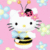 Static pixel art of a white cat character with black eyes, yellow nose, and pink bow on a pink background with blue flowers.