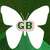 White butterfly with green 'GB' text on a green background, heart outline in red and black, and three distinct female figures.