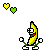 Pixelated banana character with green limbs and red mouth, shown in multiple poses with heart symbols above. The character has white eyes with black pupils and a yellow body.