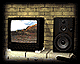 Two side-by-side pixelated scenes show a brick wall with mounted TV and speaker, each displaying different landscape views on the screen.