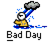 A 3x3 contact sheet of nine animated frames showing a yellow stick figure under a storm cloud with blue rain, each frame labeled "Bad Day" below the icon.