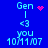 Blue background displays light blue text 'Gen', vertical line, '<3', 'you', and date '10/11/07' with pink heart or starburst animation above 'Gen'.