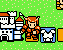 Pixel art character with orange hair and armor stands beside a blue horse, with a white castle and green dotted background.