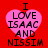 Red background with four pink heart-shaped icons containing black text reading "I LOVE ISAAC AND NISSIM" arranged in a