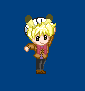 Pixelated character with blonde hair and brown ears, wearing brown jacket and dark pants, standing against blue background with multiple expressions.