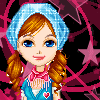 Pixelated cartoon girl with blue headscarf, pink bow, and heart-shaped chest emblem against dark background with pink stars.
