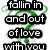Green question marks and swirling lines surround black text reading 'fallin in and out of love with you' on a white background.