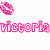 Animated icon with repeating 'victoria' text in pink and blue, scattered lip prints on white background.