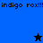Blue and black pixelated image with 'indigo rox!!!' text and two star icons, one black and one blue.