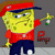 Yellow cartoon character in red cap and shirt, dark blue pants, holding green-and-white object with gray background.