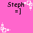 Pink background with black text "Steph =]" and white pixelated square-and-dot symbols in four positions, alternating between two distinct symbol arrangements.