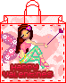 Pixelated fairy avatar with brown hair, pink flower, purple wings, and green pants holding a wand, seated on 'Happy Valentine's' text inside a red shopping bag.