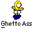 Pixelated character with yellow hair, white shirt, blue pants, and raised arms; text below reads "Ghetto Ass" in blocky font.