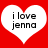 Two white heart shapes on a red background, each containing the text "i love jenna" in black pixelated font.