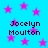 Bright cyan background with scattered pink stars and repeated black text reading "Jocelyn Moultan" in four quadrants.