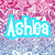 Pixelated text 'Ashlea' in cyan with pink floral background, purple with dark abstract background, and pink with multicolored flower background.