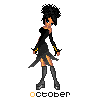 Pixel art avatar of a woman in a black dress with yellow accents, gray boots, and a large black afro, standing against a gray background with the word 'october' below.