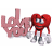 Animated red heart-shaped character with blue eyes and white gloves stands beside pink 'love you' text on a white background.