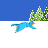 Pixelated blue bird flies across snowy landscape with green pine trees under blue sky.