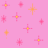 Pink background with scattered star-shaped pixel art icons in yellow, orange, and pink hues.