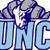 Pixelated blue text 'UNC' with gray rock-like shapes above and below, white star symbols on the rocks.