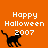 Orange background with white text 'Happy Halloween 2007' and a black pixelated cat icon in three positions.