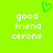 Green heart symbol above white text reading 'good friend cerone' on bright green background.
